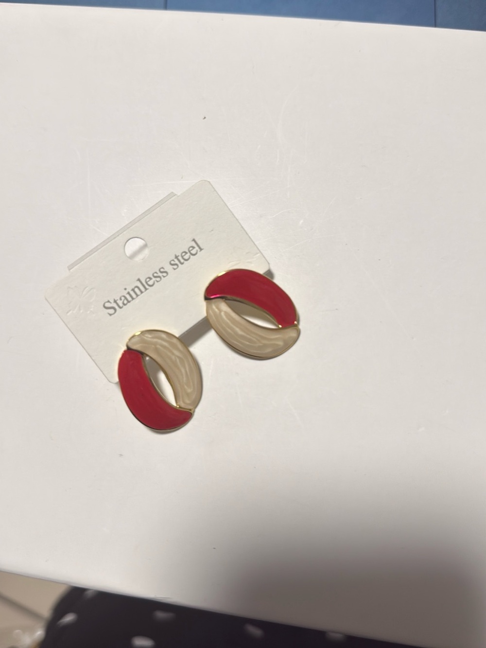 Stainless Steel Red & Beige Hoop Earrings